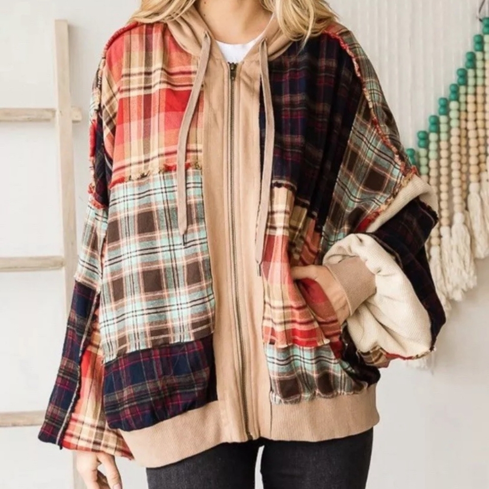 💜NeW💜 OLI & HALI WASHED MIX PIECED FABRIC FULL-ZIP HOODED SWEATSHIRT JACKET M